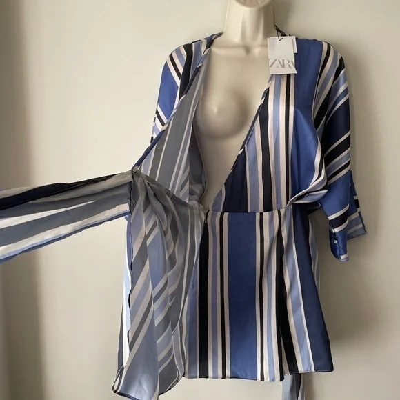 Zara Blue & White Striped Satin Wrap Skort Romper Small NWT - Picture 12 of 16